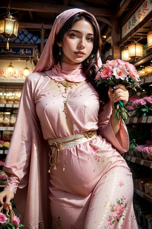 Extremely Realistic, (((In a warm, golden-lit night scene, a stunning Korean woman wears a pink dress adorned with intricate details, her hijab subtly framing her face. She holds a bouquet of pink flowers and exudes happiness, her expressive features radiant under the soft glow of lanterns inside an ancient Japanese flower shop. The wide-angle shot captures the serenity of the moment, with a blurred bokeh effect adding depth to the cozy atmosphere.)))