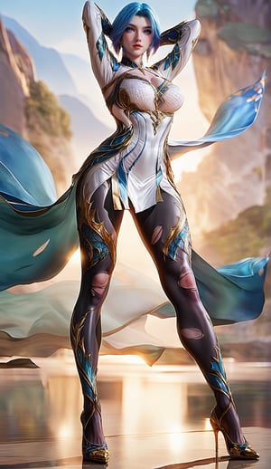 Extremely Realistic, score_6_up, score_7_up, score_8_up, score_9, (wangqiuer, full body shot, torn black pantyhose, high heels, standing, sexy pose, full body in front view direction, facing viewer, blue and white outfit with golden patterns and designs,high neckline and long sleeves, torn black pantyhose, high heels, standing, sexy pose, looking at viewer, mountainous forested shallow lake), (((sexy standing pose:1.6)))