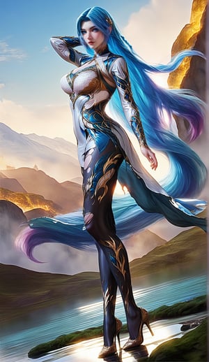 Extremely Realistic, score_6_up, score_7_up, score_8_up, score_9, (wangqiuer, blue long hair, full body shot, torn black pantyhose, high heels, standing, sexy pose, full body in front view direction, facing viewer, blue and white outfit with golden patterns and designs,high neckline and long sleeves, torn black pantyhose, high heels, standing, sexy pose, looking at viewer, mountainous forested shallow lake), (((sexy standing pose:1.6)))