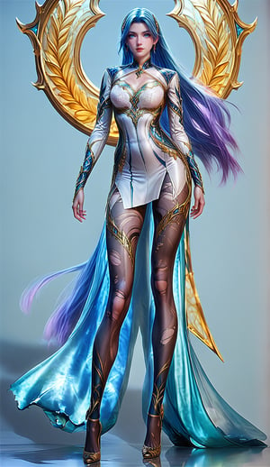 Extremely Realistic, score_6_up, score_7_up, score_8_up, score_9, (wangqiuer, full body shot, torn black pantyhose, high heels, standing, full body in front view direction, facing viewer, blue and white outfit with golden patterns and designs,high neckline and long sleeves, torn black pantyhose, high heels, looking at viewer,the overall color scheme of the image is predominantly blue and white,with hints of purple and pink,the image has a dreamy,ethereal quality,with a sense of depth and mystery,)