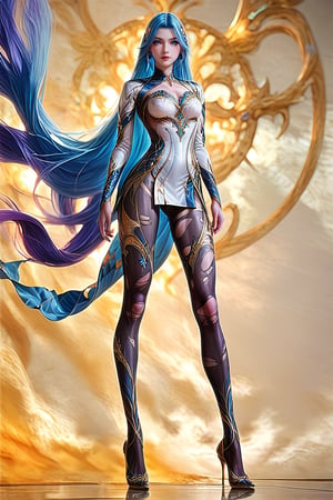 Extremely Realistic, score_6_up, score_7_up, score_8_up, score_9, (wangqiuer, full body shot, perfect slender legs, torn black pantyhose, high heels, standing, full body in front view direction, facing viewer, blue and white outfit with golden patterns and designs,high neckline and long sleeves, perfect slender legs, torn black pantyhose, high heels, looking at viewer,the overall color scheme of the image is predominantly blue and white,with hints of purple and pink,the image has a dreamy,ethereal quality,with a sense of depth and mystery,)