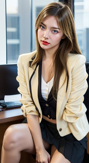 mature sexy Euro-American, mixed American-European girl named lora_claire, blonde long smooth hair, she is an office lady working in Google company, she wears full office lady sexy uniform, ((crisp white button-up shirt, black blazer jacket)), (((black blazer))) with kpop (((half-skirt:1.5))), typically known as skort, which is a clothing fusion made up of skirt and shorts, hands on waist, imagine she is being (sexy sitting pose open her beautiful legs) in front of her boss in a office meeting room