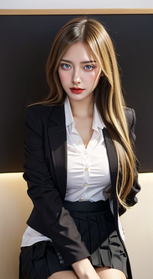 mature sexy Euro-American, mixed American-European girl named lora_claire, blonde long smooth hair, she is an office lady working in Google company, she wears full office lady sexy uniform, ((crisp white button-up shirt, black blazer jacket)), (((black blazer))) with kpop (((half-skirt:1.5))), typically known as skort, which is a clothing fusion made up of skirt and shorts, hands on waist, imagine she is being (sexy sitting pose open her beautiful legs) in front of her boss in a office meeting room