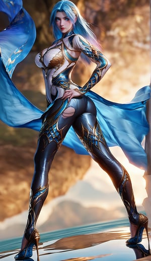 Extremely Realistic, score_6_up, score_7_up, score_8_up, score_9, (wangqiuer, full body shot, long slender legs, torn black pantyhose, high heels, standing, sexy pose, full body in front view direction, facing viewer, blue and white outfit with golden patterns and designs,high neckline and long sleeves, long slender legs, torn black pantyhose, high heels, standing, sexy pose, looking at viewer, mountainous forested shallow lake), (((sexy standing pose:1.6)))