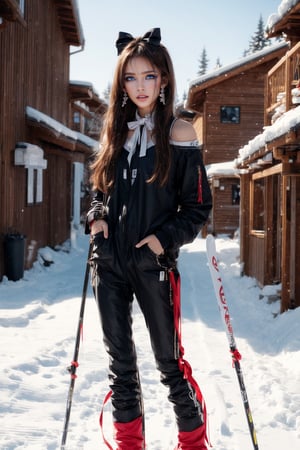  1girl, solo, long hair, looking at the viewer, smile, bangs, brown hair, realistic, shoulders-long messy elegant hair.  (((full body))), daytime, sunny weather, abundant sunlight, Wearing ski gear, Skis and ski poles, skiing at a ski resort, smiling at the camera, jewels. masterpiece, best quality, photorealistic, raw photo, earrings, black eyes, lips, bow headband, lips, ribbon, realistic, parted lips, lips, ribbon, realistic, blurry background,