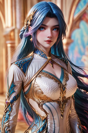 Extremely Realistic, score_6_up, score_7_up, score_8_up, score_9, (wangqiuer, medium shot,standing, body in front view direction, facing viewer, blue and white outfit with golden patterns and designs,high neckline and long sleeves,looking at viewer,the overall color scheme of the image is predominantly blue and white,with hints of purple and pink,the image has a dreamy,ethereal quality,with a sense of depth and mystery,)