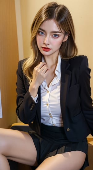 mature sexy Euro-American, mixed American-European girl named lora_claire, blonde long smooth hair, she is an office lady working in Google company, she wears full office lady sexy uniform, ((crisp white button-up shirt, black blazer jacket)), (((black blazer))) with kpop (((half-skirt:1.5))), typically known as skort, which is a clothing fusion made up of skirt and shorts, hands on waist, imagine she is being (sexy sitting pose open her beautiful legs) in front of her boss in a office meeting room