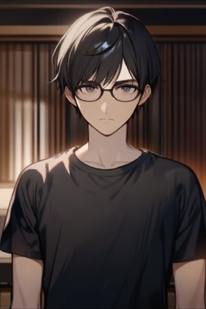 solo, looking at viewer, short hair, bangs, black hair, 1boy, closed mouth, short sleeves, male focus, indoors, front-view, black_t-shirt, black_glases

