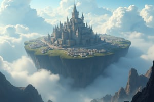 skyworld, floating island, massive fantastical scenery, fantasy world building, exotic town occupying wide area, fortified castle, tall castle at the center of town, surrounded by limestone wall, structure build into mountain, wide terrain, mountain area, heaven-like world, sorrounded by clouds and mist, realism, hyper realistic, photography, blurry effect, Best quality, 4K, 8K, high-resolution, masterpiece, ultra-detailed, photorealistic, soft natural volumetric cinematic perfect light, 
.
.
Digital illustration, Digital Painting, digital art style, fantasy detailers, more details, oil painting effect, fantasy art style, 