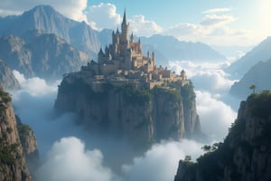 skyworld, island in the sky, massive fantastical scenery, fantasy world building, exotic town occupying wide area, big castle at the center of town, surrounded by limestone wall, mountain geography, sorrounded by clouds, realism, hyper realistic, photography, blurry effect, Best quality, 4K, 8K, high-resolution, masterpiece, ultra-detailed, photorealistic, soft natural volumetric cinematic perfect light, 
.
.
Digital illustration, Digital Painting, digital art style, fantasy detailers, more details, oil painting effect, fantasy art style, 