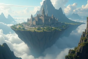 skyworld, floating island, massive fantastical scenery, fantasy world building, exotic town occupying wide area, fortified castle, tall castle at the center of town, surrounded by limestone wall, structure build into mountain, wide terrain, mountain area, heaven-like world, sorrounded by clouds and mist, realism, hyper realistic, photography, blurry effect, Best quality, 4K, 8K, high-resolution, masterpiece, ultra-detailed, photorealistic, soft natural volumetric cinematic perfect light, 
.
.
Digital illustration, Digital Painting, digital art style, fantasy detailers, more details, oil painting effect, fantasy art style, 