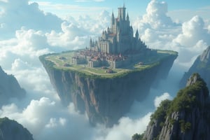 skyworld, floating island, massive fantastical scenery, fantasy world building, exotic town occupying wide area, fortified castle, tall castle at the center of town, surrounded by limestone wall, structure build into mountain, wide terrain, mountain area, heaven-like world, sorrounded by clouds and mist, realism, hyper realistic, photography, blurry effect, Best quality, 4K, 8K, high-resolution, masterpiece, ultra-detailed, photorealistic, soft natural volumetric cinematic perfect light, 
.
.
Digital illustration, Digital Painting, digital art style, fantasy detailers, more details, oil painting effect, fantasy art style, 