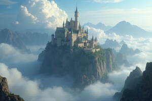 skyworld, floating castle, island in the sky, massive fantastical scenery, fantasy world building, exotic town occupying wide area, fortified castle, tall castle at the center of town, surrounded by limestone wall, castle build into mountain, wide terrain, mountain geography, heaven like world, sorrounded by clouds and mist, realism, hyper realistic, photography, blurry effect, Best quality, 4K, 8K, high-resolution, masterpiece, ultra-detailed, photorealistic, soft natural volumetric cinematic perfect light, 
.
.
Digital illustration, Digital Painting, digital art style, fantasy detailers, more details, oil painting effect, fantasy art style, 