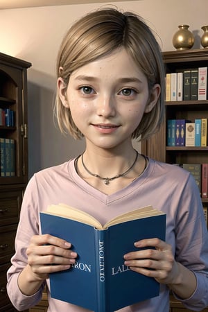 portrait, sarah miller, 12 year old, smile, looking at viewer, female child, studying, short, indoors, well lit, study room with book shelf fill with books,