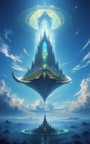 A majestic celestial giant manta ray flying in the sky, carrying an entire civilization at its back, a massive kingdom resides on the giant manta ray's back thriving, a tall stone castle is seen at the center of civilization, vast fantasy world, blue sky with clouds,