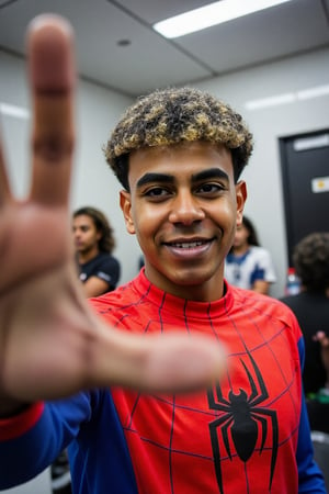 A low-angle shot captures Lamine Yamal's confident gaze as he looks directly into the camera, his hand extended in a peaceful gesture. He's dressed in a bold Spiderman costume, a playful smirk on his face. The framing of the shot is tight, with Lamine taking center stage against a dressing room backdrop. Soft lighting illuminates his features, with a hint of drama added by the low angle.iPhone Photography 