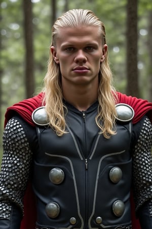 Captured at eye-level, a close-up shot of Erling Halland Thor, the hammer, is depicted in a stark contrast against the backdrop of a forest. He is dressed in a black and silver armor, adorned with a red cape and a black belt. His long blonde hair cascades over his shoulders, adding a pop of color to his costume. His facial expression is serious, suggesting he's ready for a battle. The backdrop is blurred, suggesting a natural setting.