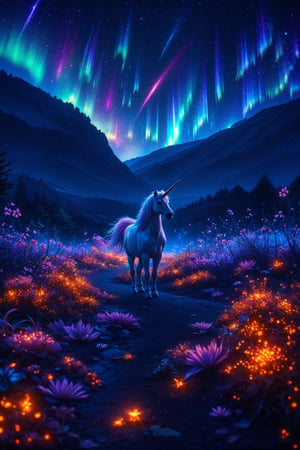 As dusk settles over this enchanting realm, a unicorn emerges, poised on the serene road amidst a tapestry of glowing bioluminescent flora. The air is alive with warmth, infused by the soft luminescence of the plants. Aurora lights dance across the horizon, casting a kaleidoscope of colors upon the ground. Glass stars scatter, imbuing the atmosphere with whimsy and magic. Framed at an angle, the camera showcases the textured beauty of the environment, highlighting the intricate details of the glowing plants in the foreground. The unicorn's gentle pose seems to radiate otherworldly energy, as if it's drawn from the very essence of this mystical world.