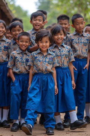 A high detailed 8K image of a group of male and female students, all wearing batik-patterned school uniforms. The boys have blue long pants, while the girls wear blue skirts, all paired with black shoes and white socks. They are gathered in a school setting, with the intricate batik designs on their uniforms clearly visible. The composition frames the group in a lively pose, with the school environment in the background. The lighting is natural and bright, highlighting the details of their uniforms and expressions.