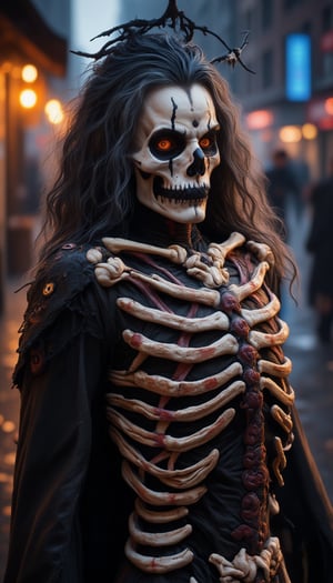 A man with halloween makeup with a scary skeleton theme, on a city street