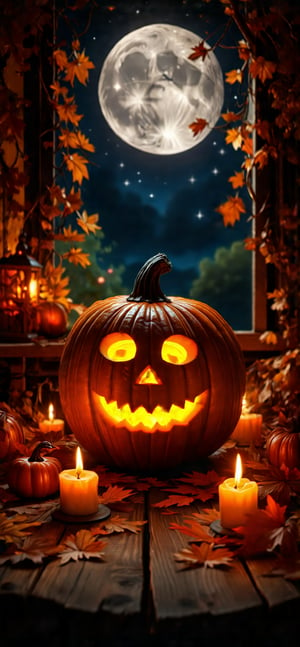 A hauntingly beautiful still life: a delicately carved pumpkin aglow with warm candlelight, its intricate designs and ridges casting an eerie glow on the rustic wooden table amidst a scatter of crunchy autumn leaves. The scene is set under a starry night sky, a full moon suspended like a silver lantern, bathing the arrangement in an otherworldly ambiance.