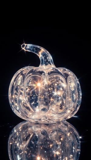 A sparkling glass pumpkin, radiant in elegance and opulence, glows with an asthetic mastery. Framed against a dark background, the transparent vessel's intricate details refract light, casting a mesmerizing glow. The sparkling texture seems to dance across its surface, as if infused with an inner light, creating a masterpiece of delicate beauty.