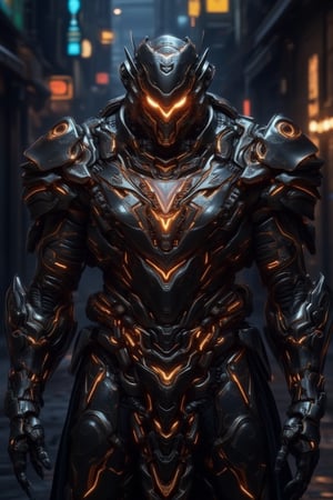 In a darkened alleyway, an armored neuronetic cybersoldier stands tall, its intricately crafted cyberpunk armor glinting in the faint neon glow. Ornate carvings on the armor resemble iron gears, while ornate robes flow like circuit boards down its mechanical body. Triangular heavenly light gear adorns its chest, pulsating softly. Real robot.