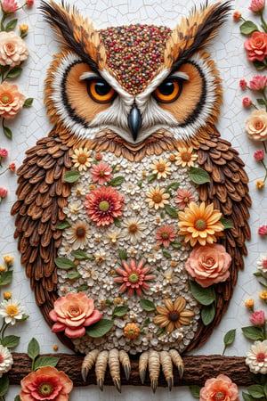 Mosaic of floral owls, each owl intricately composed of individual flower blossoms, delicate balance of nature and form, feathers replaced by vibrant petals and blooms, whimsical yet detailed, floral elements contributing to intricate patterns of owl’s body, raw organic style, natural hues, soft textures, harmonious blend of flora and fauna, mosaic arrangement adding depth and visual intrigue, evoking sense of wonder and artistic beauty.