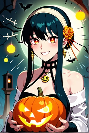 Yor Briar, a stunning anime girl, stands out at the Halloween party surrounded by eerie decorations. The dimly lit room is filled with cobweb-covered ornaments and jack-o-lanterns, setting an ominous tone. Yor's bright smile and sparkling eyes shine like a beacon amidst the spooky atmosphere, as she holds a delicate halloween-themed trinket in her hand. A perfect blend of whimsy and horror. score_9, score_8_up, score_7_up, 