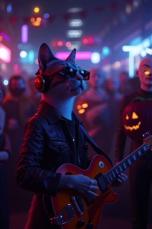 A cyberpunk-dressed cat wearing black sunglasses and headphones, playing a guitar and singing at a Halloween party. The crowd around is dressed in Halloween costumes and masks, including vampires, mummies, witches, and pumpkins. The night is dark, illuminated by colorful neon lights, creating a festive atmosphere. The scene is captured in an 8K ultra-high resolution, with a cyberpunk style, neon lighting, and a fantasy realistic art style.