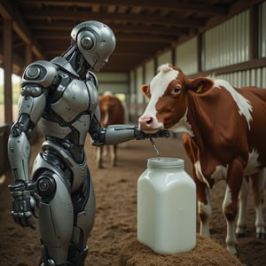 A cinematic, ultra-high-definition 8K image of a cyborg robot milking a dairy cow, with a container of fresh milk nearby. The robot's metallic body contrasts with the warm, earthy tones of the barn setting. The composition is dynamic, capturing the robot's precise movements and the cow's calm demeanor. The lighting is natural and soft, highlighting the detailed textures of the robot's surface, the cow's fur, and the milk container. The scene evokes a sense of advanced technology seamlessly integrated into traditional farming practices.