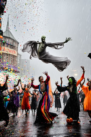 Vibrant colors of Halloween costumes pop against the gray rainy sky as costumed revelers dance and play amidst the sweet scent of raining candy. A ghostly figure, 'Phantom', floats above the crowd, a skeletal friend grasping its hand, while a bloodthirsty 'Vampire' lurks in the shadows. The festive atmosphere of the Halloween festival comes alive on this drizzly daytime, as happy-go-lucky celebrants twirl and spin amidst the sugary downpour.