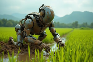 An ultra high detailed 8K image of a muddy, cyborg robot planting rice in an Indonesian rice field. The robot's metallic body contrasts with the lush, green rice paddies stretching out before it. The background features a picturesque view of distant mountains, adding to the serene rural landscape. The composition is dynamic, capturing the robot's diligent work and the beauty of the surrounding nature. The lighting is natural and soft, enhancing the detailed textures of the mud, rice plants, and the robot's metallic surface. The scene evokes a sense of harmony between advanced technology and traditional farming.