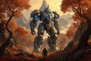 A sweeping cinematic landscape: a towering robot, adorned with glowing blue accents, stands sentinel amidst an autumnal wilderness of rustling golden leaves and twisted crimson tree trunks. The late afternoon sun casts a warm orange glow, illuminating the robot's metallic form as it surveys its surroundings with an otherworldly gaze. In the distance, misty mountains rise into the fantasy realm, their rugged peaks shrouded in mystery.