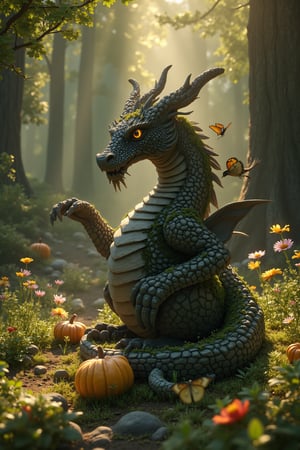 Sun-dappled meadow, terrifying yet kind-hearted stone dragon sitting amidst tapestry of muted flowers, rough moss-covered scales blending seamlessly into landscape, jagged stones shaping body, fierce appearance giving way to gentle gesture pointing towards nearby butterfly, small birds perching on arms, drawn to protective presence, dramatic lighting breaking through dense mystical forests in background, illuminating dragon and pumpkin on side, composition focusing on dragon's gentle interaction with nature, immersive environment blending natural and fantastical elements.