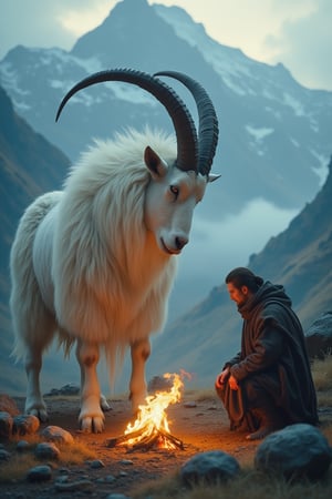 A detailed high-definition photograph of a mythical creature and a man in front of a small fire. A massive, white goat with large, curved horns stands patiently, its thick, wild fur glistening in the early morning light. A cloaked male figure kneels by the fire, gazing thoughtfully at the flames. The scene is set in a mountainous landscape, with early morning light casting a golden and blue glow, illuminating the misty atmosphere. The vibrant colors and bright lighting enhance the detailed photograph, capturing the mystical and serene ambiance of the scene.