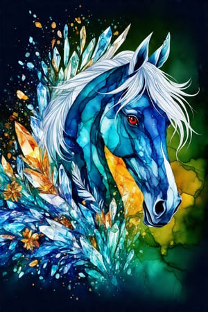 An alcohol ink painting of a horse with splashes of turquoise and amber, set against a dark blue-green background. The horse is adorned with intricate patterns of feathers, leaves, flowers, and crystals in vibrant shades of white, orange, and yellow, giving it a sense of motion as if in flight. A close-up of the head shows the horse gazing outward with glowing red eyes, adding intensity and mystery to the composition.
