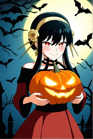 Yor Briar, a stunning anime girl, stands out at the Halloween party surrounded by eerie decorations. The dimly lit room is filled with cobweb-covered ornaments and jack-o-lanterns, setting an ominous tone. Yor's bright smile and sparkling eyes shine like a beacon amidst the spooky atmosphere, as she holds a delicate halloween-themed trinket in her hand. Score 9: A perfect blend of whimsy and horror.