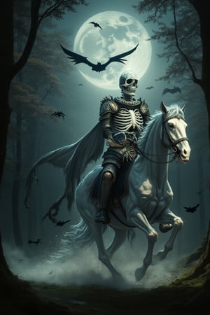 A midnight moon casts an eerie glow over a mystical forest, where a skeleton knight astride a ghostly horse rides forth. A bewitching Halloween ornament adorns the saddle, casting a spell of whimsy and wonder. The skeletal warrior's armor glows with an otherworldly sheen, as they gallop through the mist-shrouded trees, surrounded by fluttering bats and wispy cobwebs. Realistic, UHD 8K Image