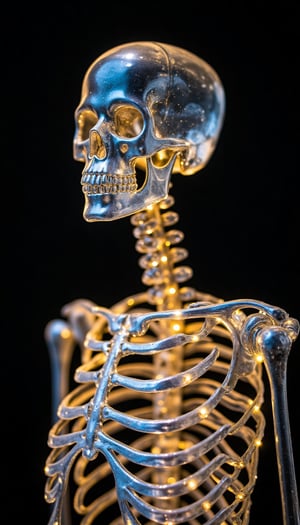 Close-up shot of a stunning glass skeleton figurine, framed against a dark or metallic background to accentuate its beauty. The intricate details and delicate features are highlighted by soft, warm lighting that creates a sense of elegance and sophistication. The overall composition is minimalist yet visually striking, with the sparkling glass surfaces catching the light and radiating a subtle glow.