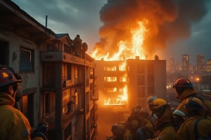 A dramatic shot of firefighters in hazmat suits frantically battling to extinguish a raging inferno engulfing a burning building. The flames lick at the windows and doors, casting a fiery glow on the faces of the weary firemen as they struggle to contain the blaze. Smoke billows out of the top floor, obscuring the view of the city skyline behind.