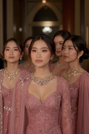 A group of Indonesian girls at a party, each wearing a pink kebaya dress with diverse patterns, exuding grace and elegance. They are adorned with lavish jewelry, including diamond and pearl necklaces. The scene is ultra-high detailed, 8K resolution, with natural perfect lighting. The composition captures their poised and captivating presence, set in a grand, opulent location. The raw, unedited style enhances the authenticity and richness of the image.