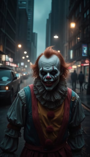 A dark and stormy city street at night, lit only by flickering streetlights. A man stands out against the gloomy backdrop, his face painted in a terrifying clown makeup design. Bright red nose, white face paint, and a menacing grin seem to leap off his pale complexion as he poses confidently on the sidewalk, the urban landscape blurred into an eerie background.