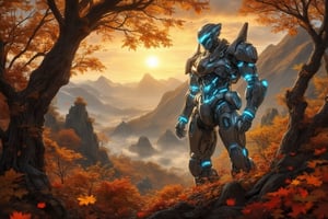 A sweeping cinematic landscape: a towering robot, adorned with glowing blue accents, stands sentinel amidst an autumnal wilderness of rustling golden leaves and twisted crimson tree trunks. The late afternoon sun casts a warm orange glow, illuminating the robot's metallic form as it surveys its surroundings with an otherworldly gaze. In the distance, misty mountains rise into the fantasy realm, their rugged peaks shrouded in mystery.