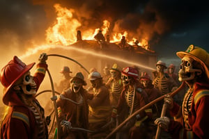 A dramatic scene unfolds as skeletons clad in firefighter attire frantically battle to extinguish a raging inferno engulfing a building. Framed against a darkening sky, the skeletal figures are silhouetted against the fiery backdrop, their eerie presence juxtaposed with the intense action unfolding before them. A burst of flames erupts from the rooftop, and the skeletons leap into action, their bony hands grasping firehoses as they valiantly strive to contain the blaze.