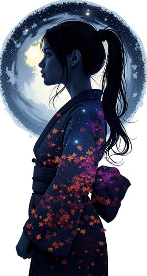 Starry night sky, silhouette of a woman with long ponytail cascading down, moon casting ethereal glow, autumn leaves pattern on her figure, black and grey gradation overlapping like translucent layers of mysterious forest, Hakama and Kimono adorning her form, dynamic pose, silhouette isolated against white background, galaxy in vibrant hues in the distance, woman's shadow blending with autumn leaves' intricate design, (masterpiece:1.3),(highest quality:1.4),(ultra detailed:1.5), High resolution, extremely detailed, unity 8k.