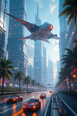 A cinematic VR shoot in ultra-high-definition 8K, showcasing a futuristic cityscape with towering, advanced skyscrapers. Sleek, sophisticated aircraft soar through the sky, while advanced vehicles navigate the bustling highways below. The composition is dynamic, capturing the city's vibrant energy and technological prowess. The lighting is vibrant, highlighting the city's modern architecture and the interplay of light and shadow. The scene evokes a sense of awe and wonder, immersing the viewer in the grandeur of the future metropolis.