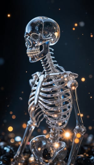 Close-up shot of a stunning glass skeleton figurine, framed against a dark or metallic background to accentuate its beauty. The intricate details and delicate features are highlighted by soft, warm lighting that creates a sense of elegance and sophistication. The overall composition is minimalist yet visually striking, with the sparkling glass surfaces catching the light and radiating a subtle glow.