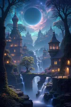 Whimsical elven city, tapestry of waterfalls, architecture weaving filigree of elegance, iridescent hues dancing across intricately carved facades, vapor mist swirling, Mucha's Rococo revival, noctilucent wisps casting ethereal glow, blending symbolic mystique with synesthetic flair, watercolor smudges and smears on parchment, amidst debris of forgotten civilizations, whispering secrets to wind, fantastical realm where Unreal Engine meets surrealism, 8K resolution, vibrant colors, volumetric lighting, particle effects dancing like fireflies in mist, city's architecture, masterpiece of octane renderings, insanely detailed UHD drawing defying reality.