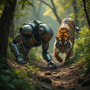 A cinematic, ultra-high-definition 8K shot of a futuristic robot rusa hunting a tiger in the wilderness. The robot's metallic body reflects the dappled sunlight filtering through dense foliage. The tiger prowls stealthily, its fur blending with the shadows. The composition is dynamic, capturing the intense moment of the hunt, with the robot rusa poised and ready. The lighting is naturalistic, enhancing the realism of the scene set in a rugged, untamed landscape.